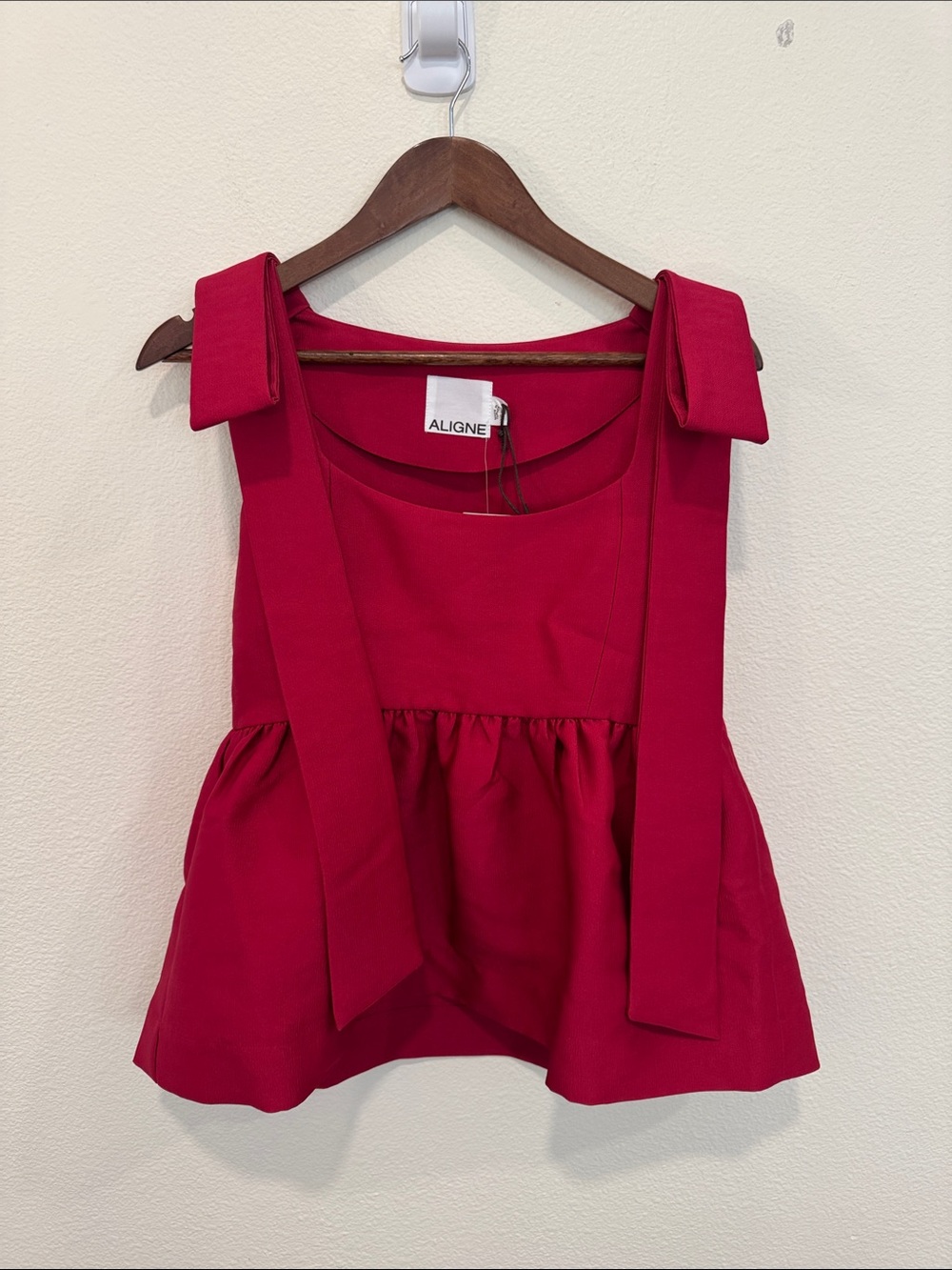 Square-Neck Peplum Camisole with Statement Shoulder Ties in Fuchsia - Picture 8 of 10